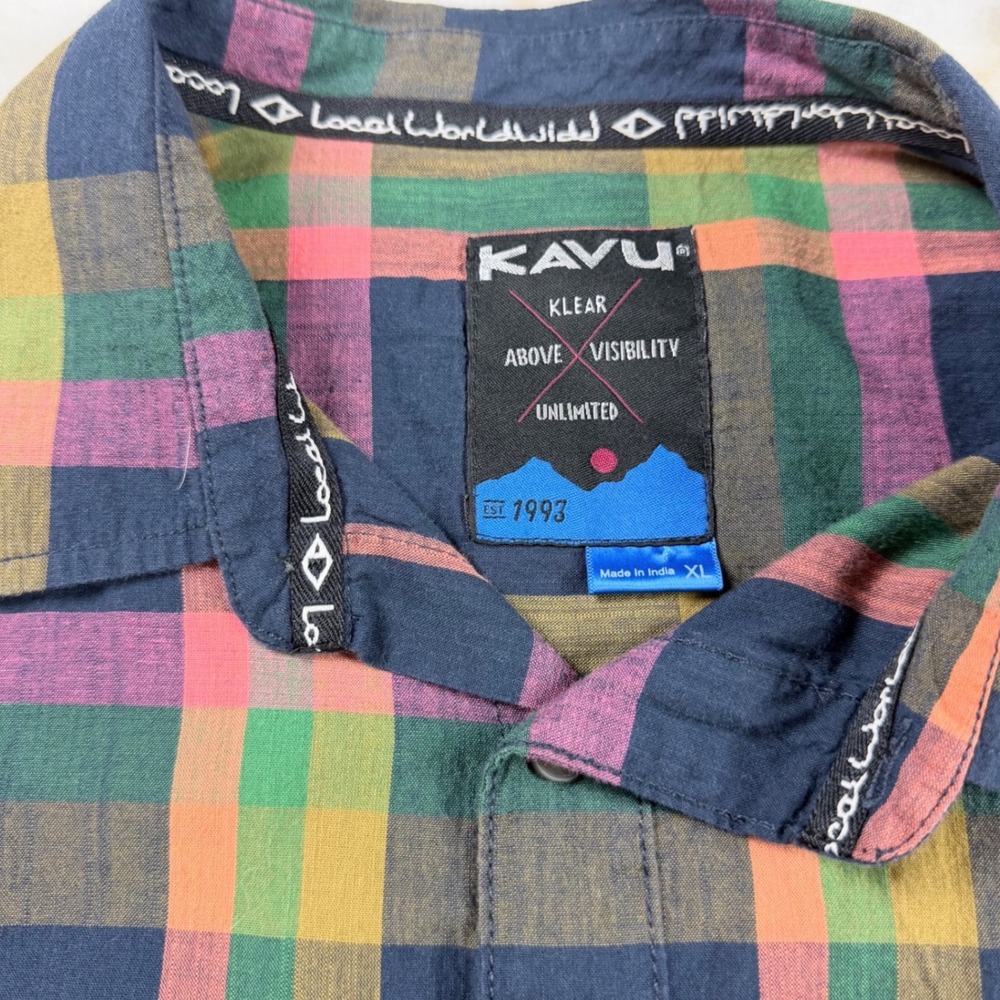 Kavu Mens XL Short Sleeve Button Down Shirt Blue Casual Plaid Pocket 100% Cotton - Picture 3 of 8
